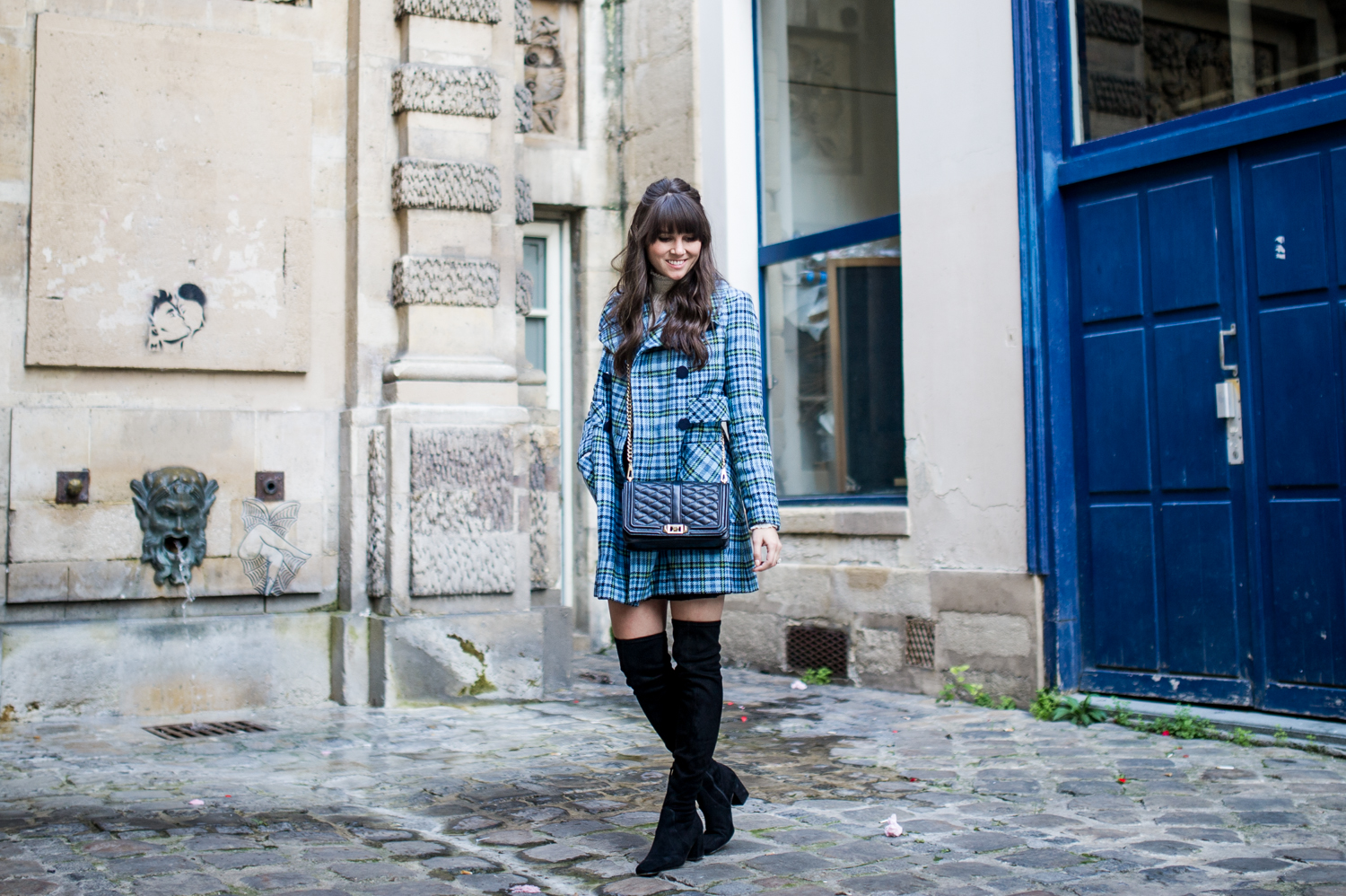 parisian chic blue coat black boots