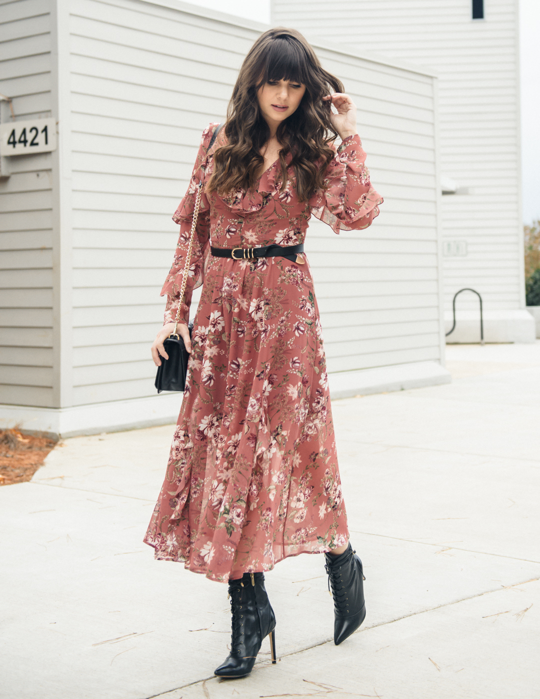 WAYF Olivia Tiered Ruffle Sleeve Floral Midi Dress