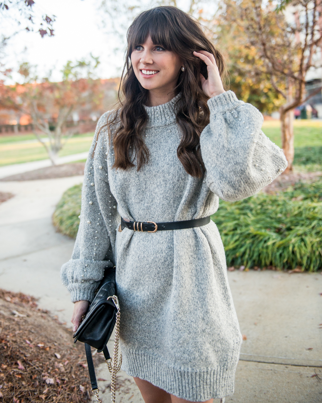 festive pearl dress and statement belt 